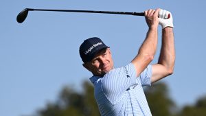 Justin Rose, of England, hits from the second tee of the South Course at Torrey Pines during the third round of the Farmers Insurance Open golf tournament Saturday, Jan. 31, 2026, in San Diego. (AP/Denis Poroy)