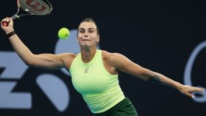 Aryna Sabalenka of Belarus plays a shot during her semifinal tennis match against Karolína Muchova of the Czech Republic at the Brisbane International in Brisbane, Australia, Saturday, Jan. 10, 2026. (AP Photo/Tertius Pickard)