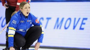 Team Alberta skip Selena Sturmay yells while competing against Team Newfoundland & Labrador during the Scotties Tournament of Hearts in Mississauga, Ont., (Nathan Denette/THE CANADIAN PRESS)