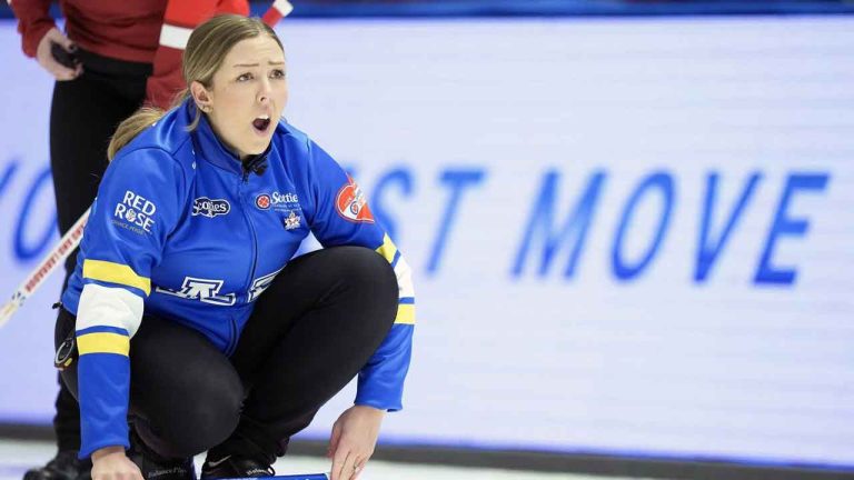 Team Alberta skip Selena Sturmay yells while competing against Team Newfoundland & Labrador during the Scotties Tournament of Hearts in Mississauga, Ont., (Nathan Denette/THE CANADIAN PRESS)
