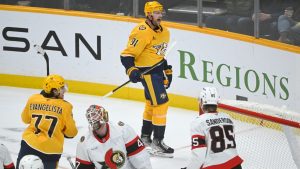 Nashville Predators center Steven Stamkos (91) reacts after scoring against the Ottawa Senators during the third period of an NHL hockey game Thursday, Jan. 22, 2026, in Nashville, Tenn. (AP Photo/John Amis)
