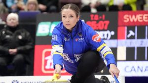 Alberta's Selena Sturmay throws a stone during her team's session against Manitoba-Peterson at the Scotties Tournament of Hearts in Mississauga, Ont., Friday Jan. 30, 2026. (Chris Young/CP)