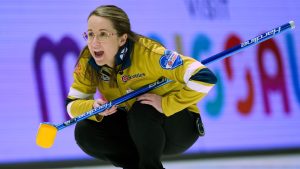 Team Nova Scotia skip Christina Black yells while playing against Team Newfoundland & Labrador during the Scotties Tournament of Hearts in Mississauga, Ont., on Monday, Jan. 26, 2026. (Nathan Denette/CP)
