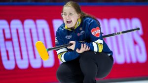 Team Nova Scotia skip Taylour Stevens yells while competing against Team British Columbia during the Scotties Tournament of Hearts in Mississauga, Ont., on Wednesday, January 28, 2026. (Nathan Denette/CP)