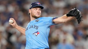 Toronto Blue Jays pitcher Trey Yesavage throws against the Los Angeles Dodgers during the sixth inning in Game 5 of baseball's World Series, Wednesday, Oct. 29, 2025, in Los Angeles. (Brynn Anderson/AP)