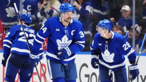 Toronto Maple Leafs' Auston Matthews (34) celebrates his goal against the Winnipeg Jets during third period NHL hockey action in Toronto on Thursday, January 1, 2026. (Frank Gunn/CP)