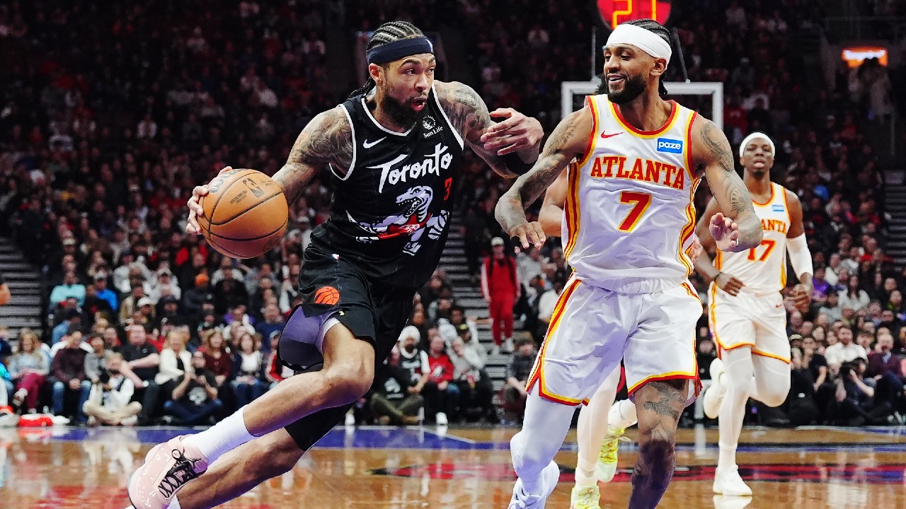 Toronto Raptors’ Brandon Ingram (3) drives past Atlanta Hawks’ Nickeil Alexander-Walker (7)