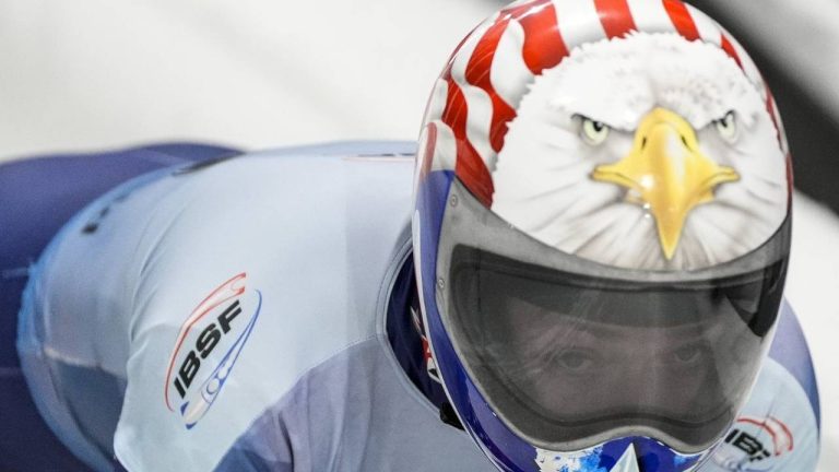 Katie Uhlaender, of the United States, slides during fourth run at the skeleton world championships, Friday, March 7, 2025, in Lake Placid, N.Y. (Julia Demaree Nikhinson/AP)