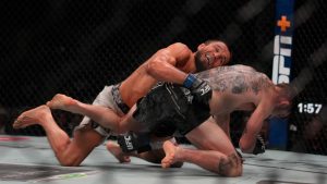 Russia's Umar Nurmagomedov, left, fights with Cory Sandhagen, of the United States, in a bantamweight bout at UFC Fight Night on Saturday, Aug. 03, 2024, in Abu Dhabi, United Arab Emirates. (AP Photo/Altaf Qadri)