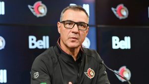 Ottawa Senators general manager and president of hockey operations Steve Staios speaks to reporters ahead of the upcoming 2025-26 NHL season in Ottawa on Wednesday, Sept. 17, 2025. (Spencer Colby/CP)