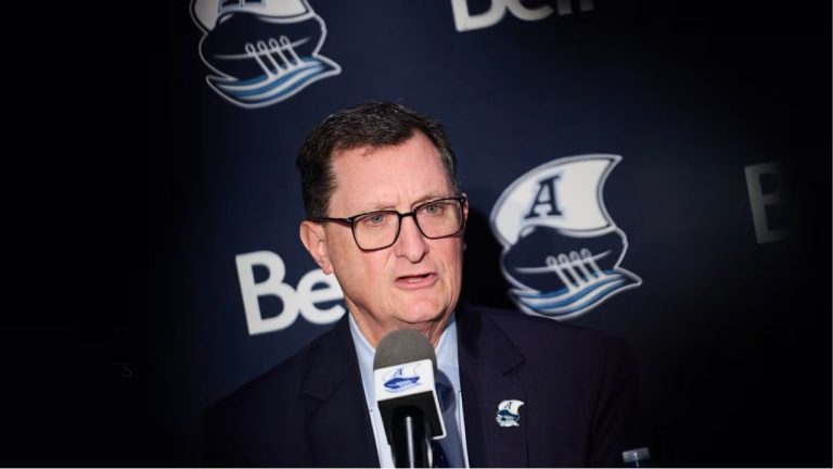 New Toronto Argonauts head coach Mike Miller speaks to media in Toronto on Tuesday, Dec. 2, 2025. (Sammy Kogan/CP)