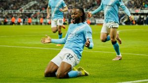 Manchester City's Antoine Semenyo celebrates after scoring his side's opening goal during the English League Cup semifinal first leg soccer match between Newcastle and Manchester City in Newcastle, England, Tuesday, Jan. 13, 2026. (Dave Thompson/AP)