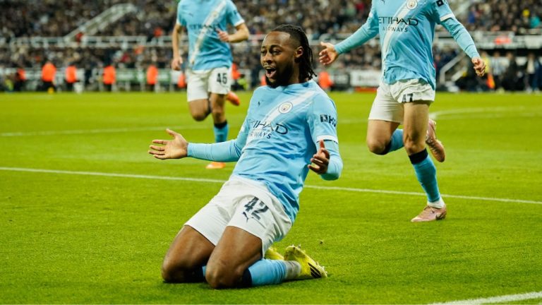 Manchester City's Antoine Semenyo celebrates after scoring his side's opening goal during the English League Cup semifinal first leg soccer match between Newcastle and Manchester City in Newcastle, England, Tuesday, Jan. 13, 2026. (Dave Thompson/AP)