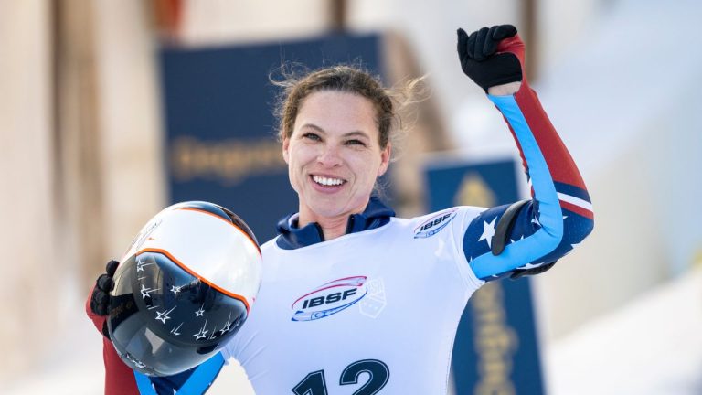 Kelly Curtis of the U.S. reacts after placing second in the Women's Skeleton World Cup in St. Moritz, Switzerland, Friday, Jan. 9, 2026. (Mayk Wendt/AP)