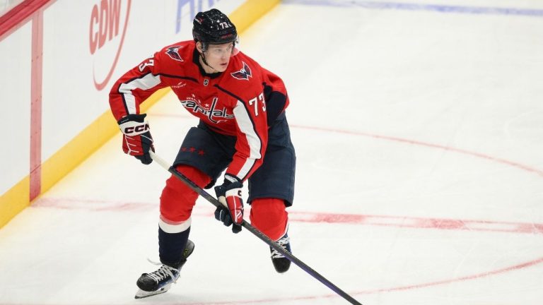 Washington Capitals forward Eriks Mateiko in action during the second period of an NHL preseason hockey game against the Boston Bruins, Oct. 2, 2025, in Washington. (Nick Wass/AP)