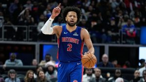 Detroit Pistons guard Cade Cunningham gestures during the second half of an NBA basketball game against the New York Knicks Monday, Jan. 5, 2026, in Detroit. (Ryan Sun/AP)