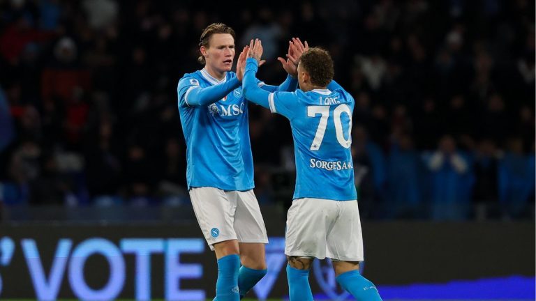 Napoli's Scott McTominay celebrates after scoring their side's first goal of the game during the Serie A soccer match between Napoli and Verona in Naples, Italy, Wednesday, Jan. 7, 2026. (Alessandro Garofalo/AP)