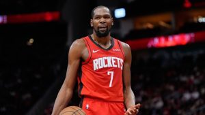 Houston Rockets forward Kevin Durant reacts to a foul call during the first half of an NBA basketball game against the Chicago Bulls in Houston, Tuesday, Jan. 13, 2026. (Ashley Landis/AP)