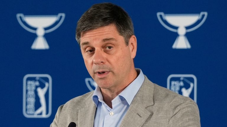 PGA Tour CEO Brian Rolapp speaks before a practice round of the Tour Championship golf tournament, Aug. 20, 2025, in Atlanta. (Mike Stewart/AP)