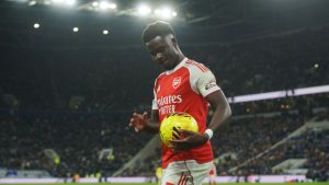 Arsenal's Bukayo Saka takes the ball during the English Premier League soccer match between Everton and Arsenal in Liverpool, England, Saturday, Dec. 20, 2025. (Ian Hodgson/AP)