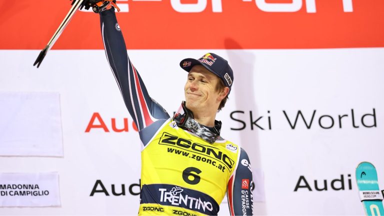 France's Clement Noel celebrates on podium after winning an alpine ski, men's World Cup slalom, in Madonna di Campiglio, Italy, Wednesday, Jan. 7, 2026.(Marco Trovati/AP)