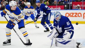 Toronto Maple Leafs goaltender Joseph Woll makes a save on Buffalo Sabres' Noah Ostlund during first period NHL action in Toronto on Tuesday, Jan. 27, 2026. (CP/Frank Gunn)