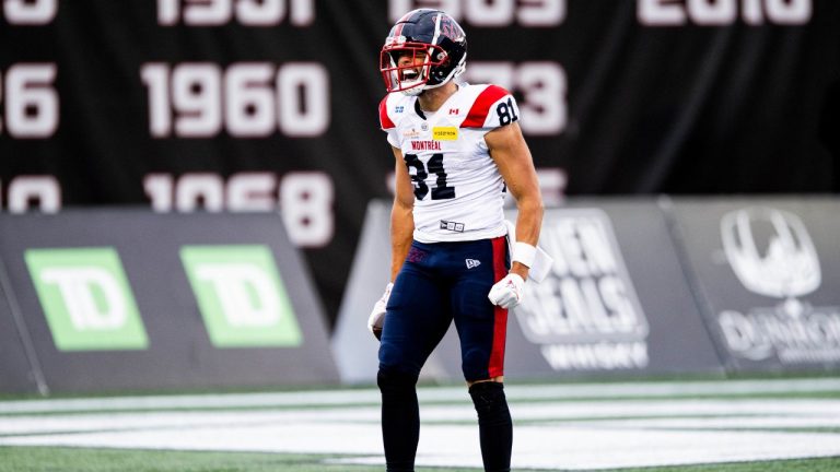 Montreal Alouettes wide receiver Austin MacK (81) celebrates a successful pass reception during first half CFL action against the Ottawa Redblacks in Ottawa, Saturday, Oct. 18, 2025. (Spencer Colby/CP)