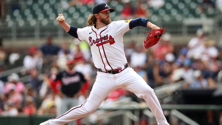 Atlanta Braves pitcher Pierce Johnson delivers in the ninth inning of a baseball game against the Washington Nationals, Wednesday, Sept. 24, 2025, in Atlanta. (AP Photo/Colin Hubbard)