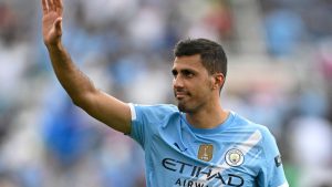 Manchester City's Rodri (16) acknowledges fans in the stands after the Club World Cup Group G soccer match against Juventus, June 27, 2025 in Orlando, Fla. (Phelan M. Ebenhack/AP)