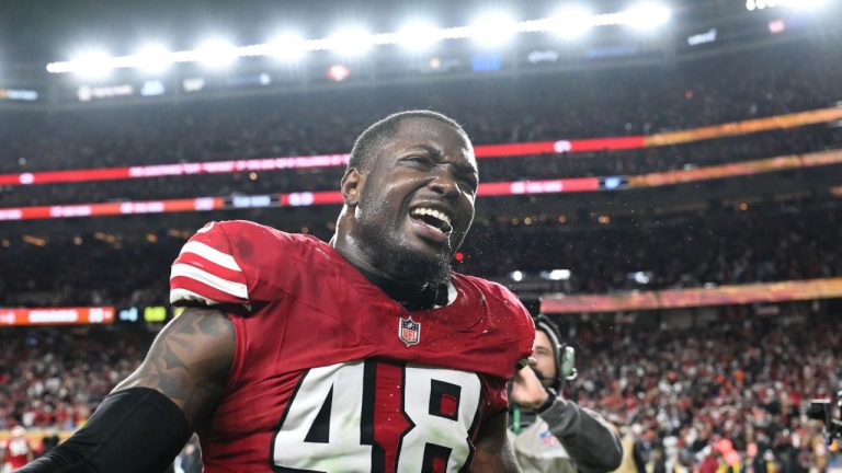 San Francisco 49ers linebacker Tatum Bethune (48) celebrates after a game against the Chicago Bears in Santa Clara, Calif., Sunday, Dec. 28, 2025. (AP Photo/Eakin Howard)