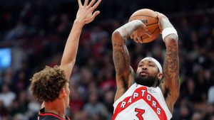 Atlanta Hawks guard Dyson Daniels contests Toronto Raptors forward Brandon Ingram's shot during first half NBA action in Toronto, Monday, Jan. 5, 2026. (Frank Gunn/CP)