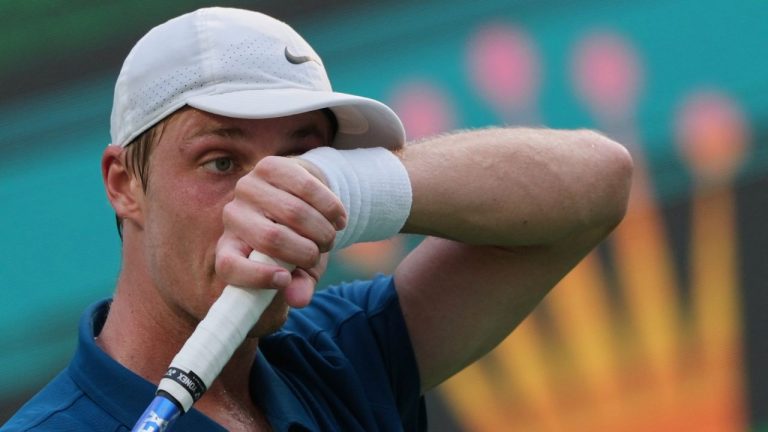 Denis Shapovalov, of Canada reacts during a men's singles match against Jiri Lehecka, of the Czech Republic, in the Shanghai Masters tennis tournament at Qizhong Forest Sports City Tennis Center, in Shanghai, China, Monday, October. 6, 2025. (Andy Wong/AP)