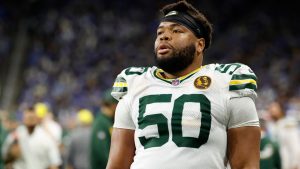 Green Bay Packers offensive tackle Zach Bako-Bewele on the sideline against the Detroit Lions during an NFL football game in Detroit, Thursday, Nov. 27, 2025. (Rick Osentoski/AP)