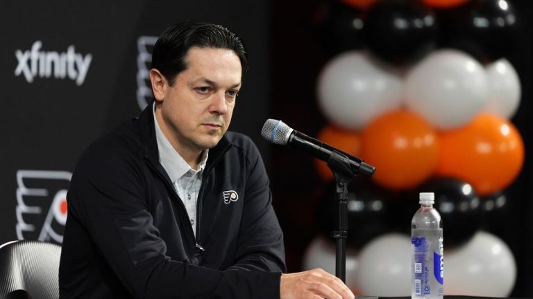 Philadelphia Flyers general manager Daniel Briere speaks during an news conference at the NHL hockey team's arena, Friday, May 16, 2025, in Philadelphia. (AP Photo/Matt Slocum)