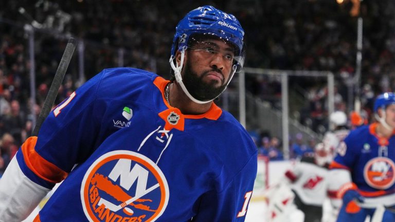 New York Islanders' Anthony Duclair (11) reacts after scoring a goal during the first period of a game against the New Jersey Devils Tuesday, Jan. 6, 2026, in Elmont, N.Y. (AP Photo/Frank Franklin II)