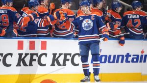 Edmonton Oilers' Connor McDavid (97) celebrates his hat trick goal against the Nashville Predators during third period NHL action, in Edmonton on Tuesday, January 6, 2026. (Jason Franson/CP)