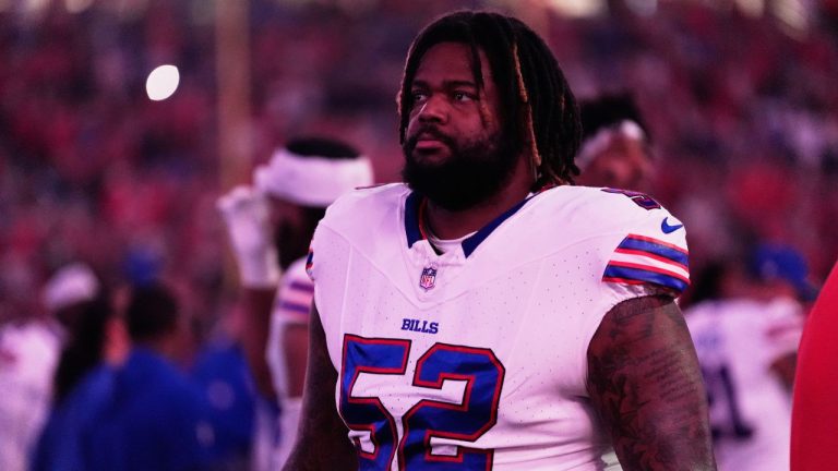 Buffalo Bills defensive tackle Jordan Phillips (52) stands on the sideline before an NFL football game against the Houston Texans Thursday, Nov. 20, 2025, in Houston. (Ashley Landis/AP)