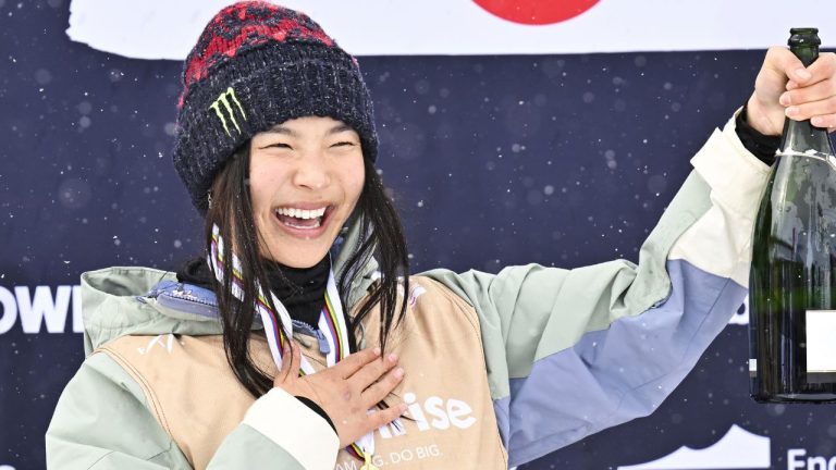 Gold medalist Chloe Kim reacts on the podium after the Women's Snowboard Halfpipe competition at the FIS Snowboard, Freestyle and Freeski World Championships in St. Moritz, Switzerland, Saturday, March 29, 2025. (Gian Ehrenzeller/Keystone via AP, File)