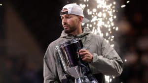 Nick Kyrgios after winning the Battle of the Sexes match against Aryna Sabalenka, in Dubai, United Arab Emirates, Sunday Dec. 28, 2025. (Christopher Pike/Pool Photo via AP)