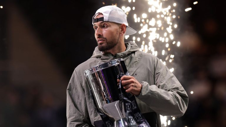 Nick Kyrgios after winning the Battle of the Sexes match against Aryna Sabalenka, in Dubai, United Arab Emirates, Sunday Dec. 28, 2025. (Christopher Pike/Pool Photo via AP)