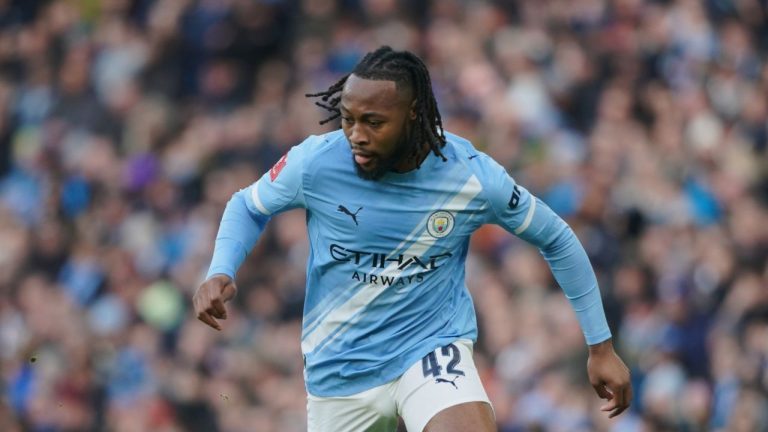 Manchester City's Antoine Semenyo during the FA Cup third round match between Manchetster City and Exeter in Manchester, England Saturday, Jan. 10, 2026. (AP Photo/Ian Hodgson)