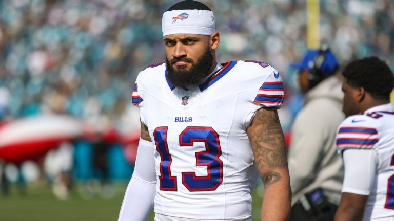 Buffalo Bills wide receiver Gabe Davis (13) walks the sideline before facing the Jacksonville Jaguars in an NFL wild card playoff game, Sunday, Jan. 11, 2026, in Jacksonville, Fla. The Bills defeated the Jaguars 27-24. (AP Photo/Gary McCullough)