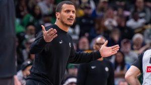 Boston Celtics head coach Joe Mazzulla reacts during the first half of an NBA basketball game against the Indiana Pacers, in Indianapolis, Monday, Jan. 12, 2026. (Doug McSchooler/AP)