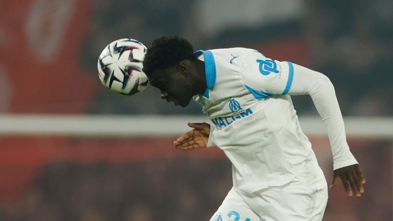 Marseille's Robinio Vaz heads the ball during the French League One soccer match between Lille and Marseille in Villeneuve-d'Ascq, outside Lille, France, Dec. 5, 2025. (AP Photo/Jean-Francois Badias, File)