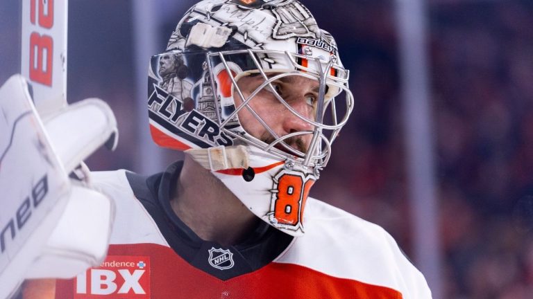 Philadelphia Flyers' Dan Vladar looks on during the third period of an NHL game against the Anaheim Ducks, Tuesday, Jan. 6, 2026, in Philadelphia. (AP Photo/Chris Szagola)