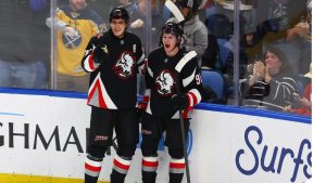 Buffalo Sabres centre Tage Thompson celebrates his goal with right wing Josh Doan (91) during the third period of an NHL hockey game against the Montreal Canadiens Thursday, Jan. 15, 2026, in Buffalo, N.Y. (AP Photo/Jeffrey T. Barnes)