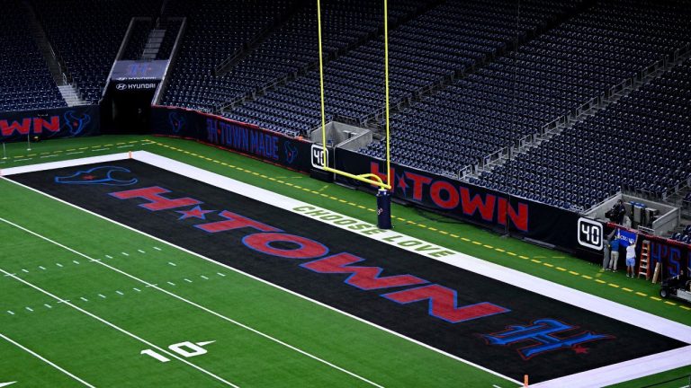 A detail view of the end zone with 'Choose Love' stenciled prior to an NFL game between the Houston Texans and the Indianapolis Colts, Sunday, Jan. 4, 2026, in Houston. (AP Photo/Maria Lysaker)