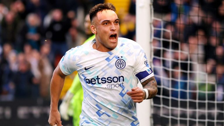 Inter Milan's Lautaro Martinez celebrates after scoring his side's opening goal, during the Serie A match between Udinese and Inter, in Udine, Italy, Saturday, Jan. 17, 2026. (Andrea Bressanutti/LaPresse via AP)