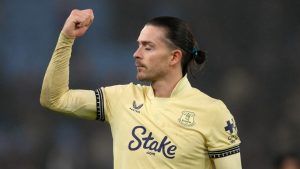 Everton's Jack Grealish celebrates after the English Premier League match between Aston Villa and Everton in Birmingham, Sunday, Jan. 18, 2026.(AP Photo/Dave Shopland)
