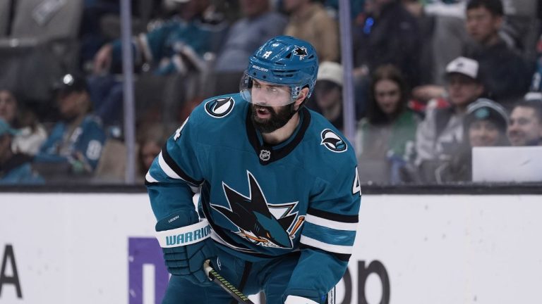 San Jose Sharks defenceman Nick Leddy moves the puck during the second period of an NHL game against the Dallas Stars, Saturday, Jan. 10, 2026, in San Jose, Calif. (AP Photo/Godofredo A. Vásquez)